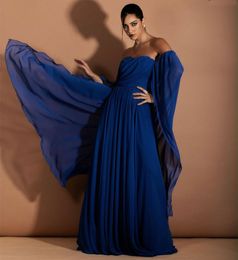 Vintage Long Blue Sweetheart Prom Dresses With Cape A-Line Chiffon Floor Length Pleats Formal Party Evening Dress Robes de Soiree for Women