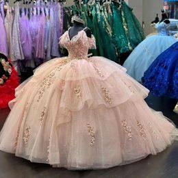 Thoulder Off Princess Pink Ball Gown Quinceanera Dresses Beaded Birthday Party Gowns Applique Sweet Tiered Vestidos De Anos S