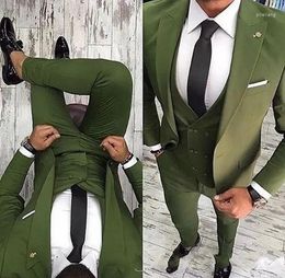 Men's Suits Peaked Lapel Olive Green Mens For Wedding Party Formal Groom Groomsmen Tuxedos Blazer Three Pieces (Jacket Vest Pants)