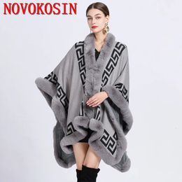 Women's Cape 5 Colors Winter Warm Long Printed Striped Poncho Cape Cashmere Loose Shawl Cloak Women Faux Rabbit Fur Collar Big Pendulum Coat 231023