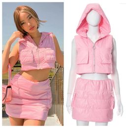 Work Dresses Bubble Pink Vest 2 Piece Skirt Sets Winter Outfit 2023 Y2K Streetwear Clothes Cropped Puffer Jackets Coats Two Set