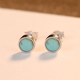 New Retro Style Round Turquoise S925 Silver Stud Earrings Fashion Women OL Temperament Earrings Jewelry for Women Wedding Party Valentine's Day Gift SPC