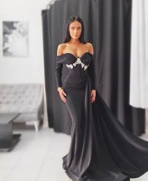Black Plus Elegant Size Mermaid Evening Dresses For Women Off Shoulder Long Sleeves Applique Sweep Train Prom Dress Formal Wear Birthday Special Ocns Gowns mal