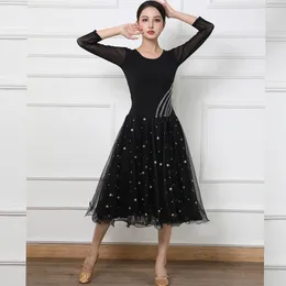 Stage Wear Waltz Dress Ballroom Gowns Mesh Long Sleeves Sequins Big Swing Dance Competion Costume Performance Clothes Outfits