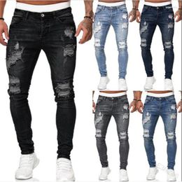 Men's Jeans Men's Spring 2023Fashion Men Mid Waist Water Washing Grinding Broken Hole Small Feet Pencil Hip Hop Casual Skinny Cowboy