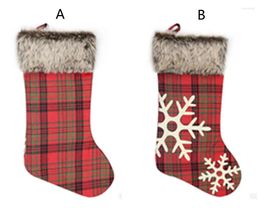 Christmas Decorations 10pcs/lot Stockings 18 Inches Large Plaid Snowflake Plush Faux Fur Cuff Family Holiday Xmas Party