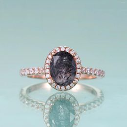 Cluster Rings GEM'S BALLET 6X8mm Oval Natural Black Rutilated Quartz Gemstone Wedding Engagement Ring In 925 Sterling Silver Gift For Her