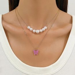 Pendant Necklaces Fashion Acrylic Butterfly Necklace Imitation Pearl Double Layer Clavicle For Women Girls Jewellery Party Gift