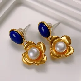 Dangle Earrings French Vintage Blue Gems Natural Pearl Flowers For Women Niche Design Golden Petal Retro Eardrop