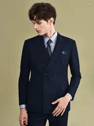 Men's Suits Double Breasted Men Clothing Deep Blue Stripe Slim Fit Wedding Groom Wear Blazer Vest Pant Businessman Daily Coat Plus 6XL