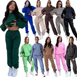 Women's Two Piece Pants Casual Women Hooded Pant Suits Autumn Winter Green Blue Fleece Long Sleeve Pullover Tops Trouser Fashion Tracksuit 2