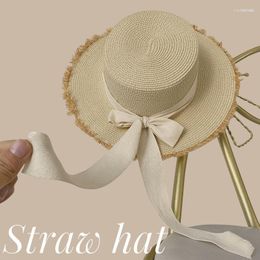 Wide Brim Hats Handmade Straw Hat Female Summer Weaving Flat Vacation Beach Sun-Shade Sun Protection