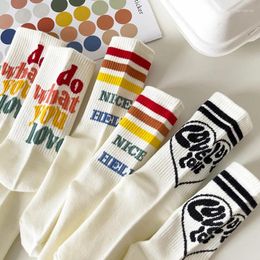 Women Socks Woman Funny Striped Letter Cotton Sock Harajuku Sweet Flower Print Hip Hop White Sports Casual Breathable Happy Long Soxs