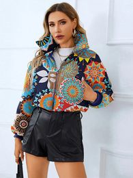 Women's Down Parkas Printed Cotton Padded Short Jacket Women Zipper Turn-down Collar Loose Autumn Winter Thick Coat Female Long Sleeve Colorful Top 231021