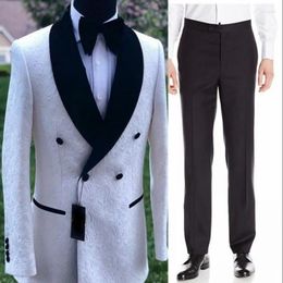 Men's Suits Men White Pattern And Black Groom Tuxedos Shawl Lapel Groomsmen Wedding Man 2 Pieces ( Jacket Pants Tie ) D87