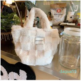 Autumn/winter Lamb Plush Plaid Canvas Student Makeup Handheld Commuter Tote