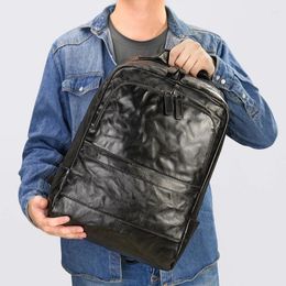 Backpack Casual Top Cowhide Genuine Leather Men's Business Travel Large Pattern 14" Laptop