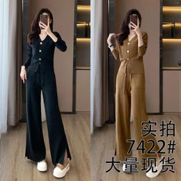 Casual Dresses Asual Sports Suit Women's Autumn Fashion Temperament Youthful-Looking Waist Trimming Knitted Wide Leg Pants Two-Piece Dress