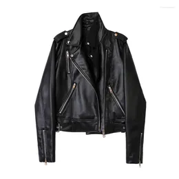 Women's Leather Zipper Belt Faux-leather Jacket Fashion Town Down Collar Cycling Female Spring Long Sleeve Black Coats