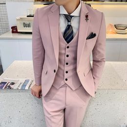 Dusty Pink Men's Ultra Thin Set Single Chest Notched Lapel Wedding Elegant Formal Dress Three Piece Set Jacket Trouser Tank Top Customization 231023