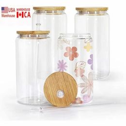 USA/CA Local Warehouse Coffee Mugs 16oz Sublimation Blanks Cola Cans Tumbler Glass Cups Clear Frosted Jars Beer Iced Tea Cup With Bamboo Lid And Straws 1023