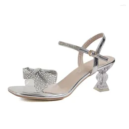 Dress Shoes Summer Women's Sandals One-word Rhinestone Open Toe Thick Heel Ladies Pumps Square Head Crystal Bow Party High