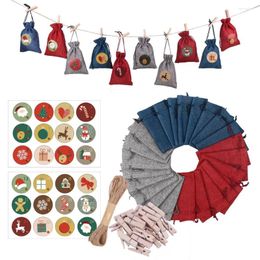 Christmas Decorations 24PCS Marry Gift Bags Small Santa Stars Storage Bag Linen Cotton With Stickers Clip Treat Pouch Year Favours