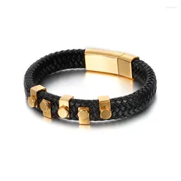 Bangle Fashion Men Black Leather Weave Gold Colour Stainless Steel Screw Charm Magnetic Clasp Cuff Genuine Bracelets Jewellery