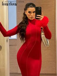 Urban Sexy Dresses Hawthaw Women Long Sleeve Fur Patchwork Bodycon Streetwear Red Long Dress 2022 Autumn Clothes Wholesale Items For Business T231023