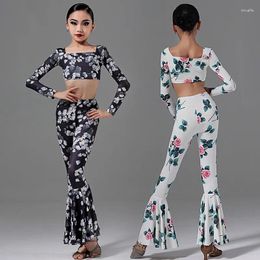 Stage Wear Latin Dance Costume Printing Crop Tops Flare Pants Girls Practise ChaCha Rumba Samba Performance Clothes YS5169