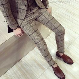 Men's Pants Autumn Winter Plaid Suit Dresse for Simple Business Formal Wear Slim Fit Straight Office Trousers 230307