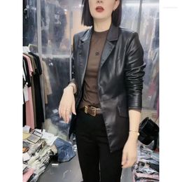 Women's Leather 2023 Autumn Women Black Slim Lady PU Jacket Sweet Female Button Blazer Jackets Faux Femme Outwear Coat Q339