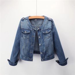 Women's Jackets Korean Dongdaemun Autumn Denim Distressed Ripped Long Sleeve Jean Jacket Coats Pocket Perforated