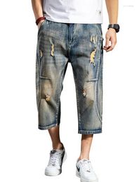 Men's Jeans Men's Mens Retro Cargo Denim Vintage Washed Faded Multi-Pockets Calf-Length Skateboard Pants Loose Cropped