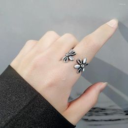 Cluster Rings Silver Color Open Vintage Double Flower Adjustable Jewelry For Women Girls Fashion Party Accessories Gifts