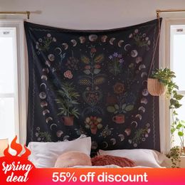 Tapestries Moon Phase Tapestry Wall Hanging Botanical Floral Hippie Flower Carpets Dorm Decor Starry SkyCarpet 231023