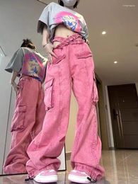 Jeans da donna 2023 Y2K Design retrò si sente dolce e fresco Tie-dyed Pink Tooling Pantaloni dritti a gamba larga femminile Moda di strada