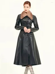 Women's Leather 2023 Elegant Women Long Trench Coat Luxury Collar Genuine Jacket Real Sheepskin Belted Slim Fit Windbr