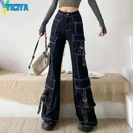 Women's Jeans YICIYA Cargo Pants Women Clothing High Street Vintage Multi Pocket Baggy Jean Casual Straight All Match Waisted Woman