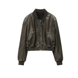 Women's Leather Faux Leather ZVRI Women's vintage imitation leather bomber jacket coat top women's style 231023