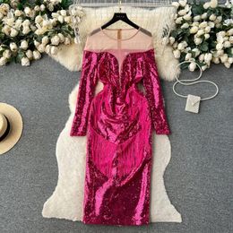 Casual Dresses Arrival Women's Celebrity Sparkly Prom Dress Luxury Mesh Splice Red Sequins Slim Fit Midi Long Christmas Evening Party