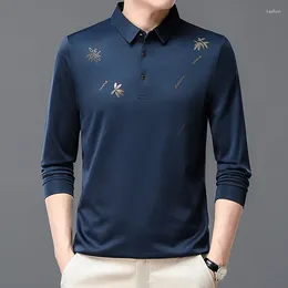 Men's Polos Spring And Autumn Pullover Lapel Button Solid Letter Plant&Flowers Printed Rhinestone Long Sleeve T-shirt Polo Bottom Tops