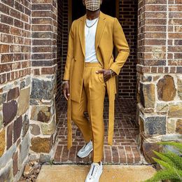 Men's Suits Men's Latest Gold Woolen For Men 2024 Notche Lapel Belt Terno Autumn Formal Clothes Masculinos Completo 2 Pieces Long Coat