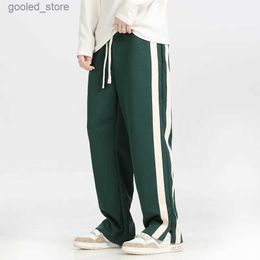 Men's Pants Men's Striped Slit Pants Spring Autumn Straight Wide Leg Trousers High Street Loose Casual Trousers 2023 Fashion Men Clothing Q231023