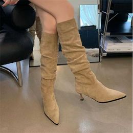 Spring autumn Fashion Sexy Pointed Head Slim High Heel Over Knee Boots Women's Flocked Patched Pleated Chelsea Boot 230922