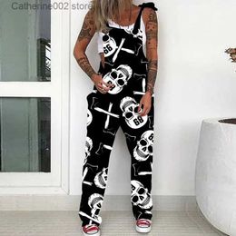 Women's Jumpsuits Rompers Women's Sexy Spaghrtti Strap JumpSuits Romper Pocket Overalls Sleeveless Wide Leg Skull Printed Punk Jumpsuit for Women Clothing T231023