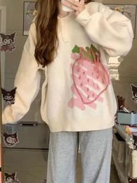 Women's Sweaters Sweet Autumn Winter Cartoon Jacquard Sweater Pink Strawberry Pullover Sueter Mujer Jumper Knitted Top Outwear Y2k