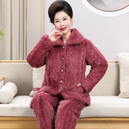 Women's Sleepwear Solid Pyjamas Women Three-layer Thick Warm Winter Quilted Jacket Womens Coral Velvet Padded Pyjamas Pijama Mujer Invierno