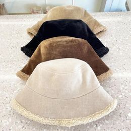 Berets Ladies Autumn Winter Dual Use Bucket Hats Suede Lamb Wool Lined Brim Warm Fisherman Hat Casual Solid Outdoor Basin Cap For Women