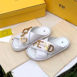 designer slipper woman F letter graphy sandal leather luxury man slide crossover shoe band golden metal classic easy to wear comfort flat slide